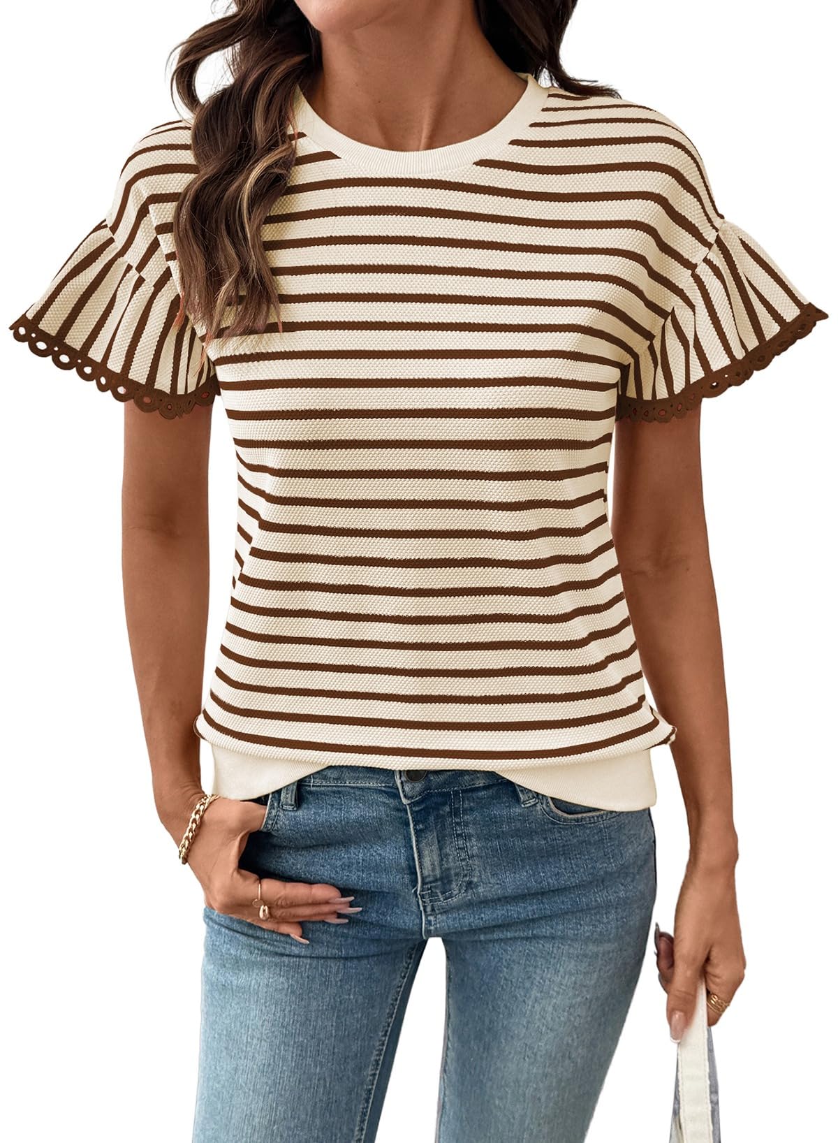 Limited time sale🔥Women's Knit Striped Color Block Ruffled Short Sleeve Top
