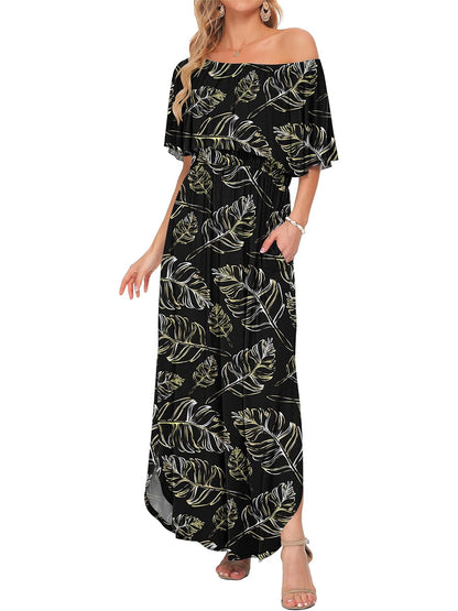 ⏰Hot Sale-Women's Off Shoulder Ruffle Short Sleeve Side Split Maxi Dresses with Pockets