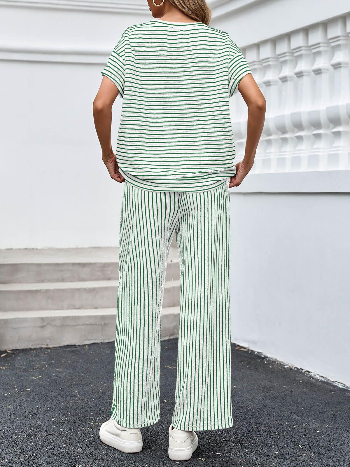 ⏰Hot Sale-Womens Striped 2 Piece Sets Short Sleeve T Shirts Wide Leg Pants with Pockets