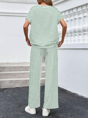 ⏰Hot Sale-Womens Striped 2 Piece Sets Short Sleeve T Shirts Wide Leg Pants with Pockets