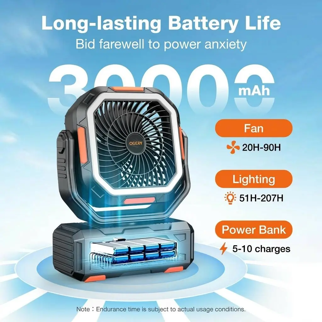 30000mAh Rechargeable Camping Fan with LED Light, Remote Control & Oscillation