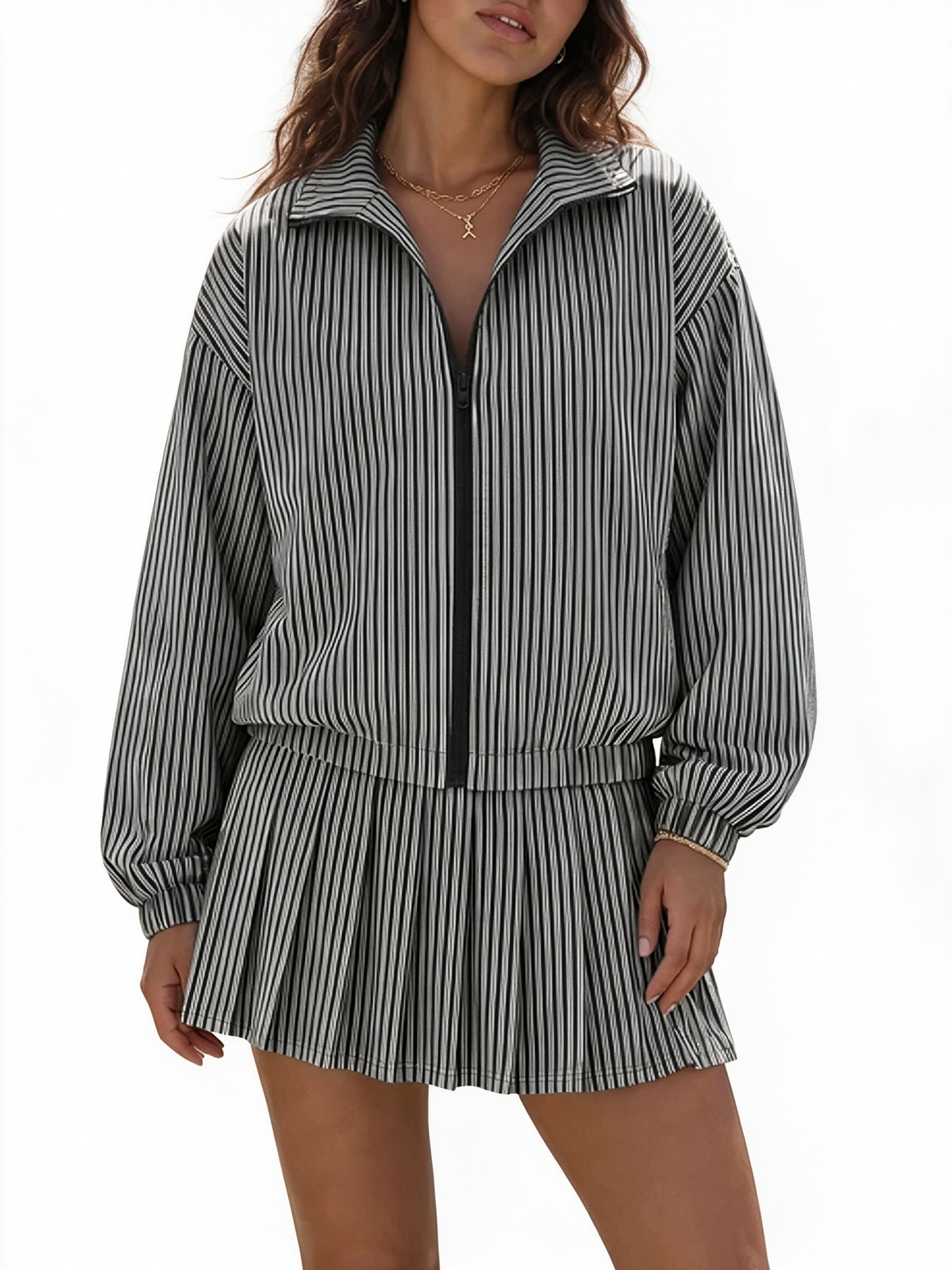 Women Casual Vertical Textured Two‑Piece Zip Jacket High Waist Pleated Skirt