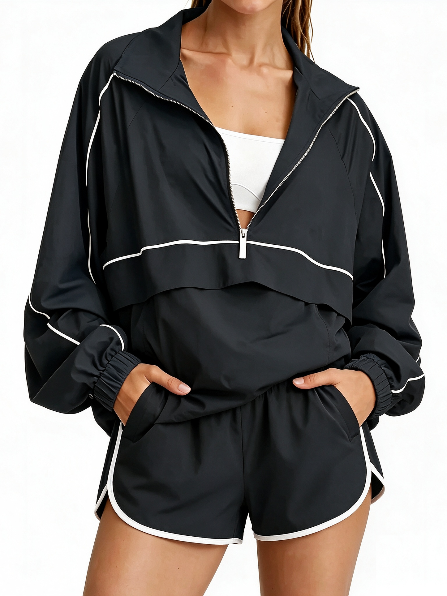 Women's Quarter Zip Loose-fitting Sports Jacket and Shorts Set