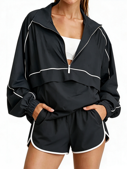Women's Quarter Zip Loose-fitting Sports Jacket and Shorts Set