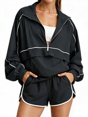 Women's Quarter Zip Loose-fitting Sports Jacket and Shorts Set