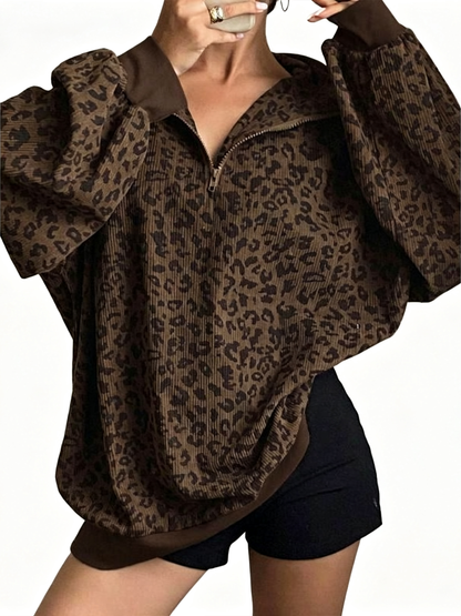Women Half Zip Leopard Print Oversized Drop Shoulder Pullover