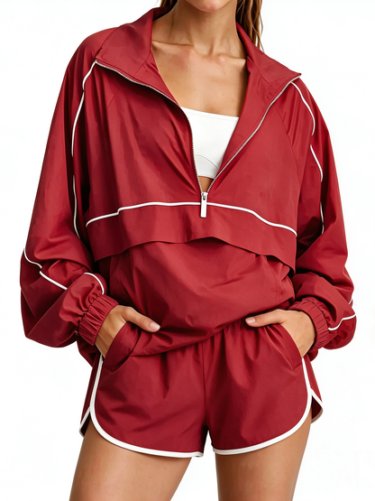 Women's Quarter Zip Loose-fitting Sports Jacket and Shorts Set