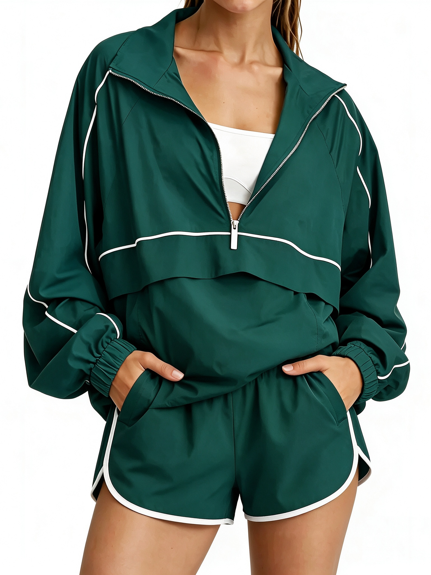 Women's Quarter Zip Loose-fitting Sports Jacket and Shorts Set