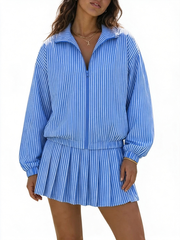 Women Casual Vertical Textured Two‑Piece Zip Jacket High Waist Pleated Skirt