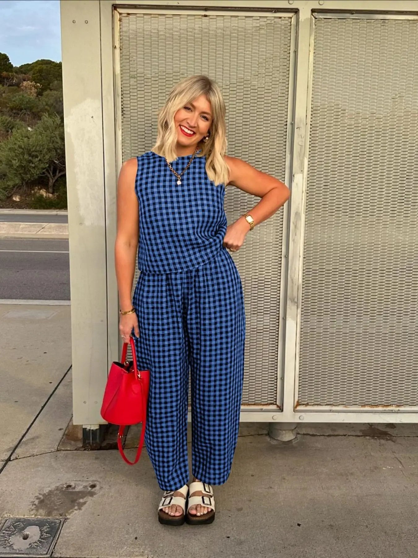 Women's Gingham Sleeveless Tank Top & Barrel Pants Set