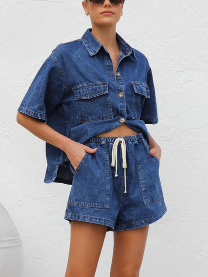 Women's wash denim shirt & shorts two-piece set