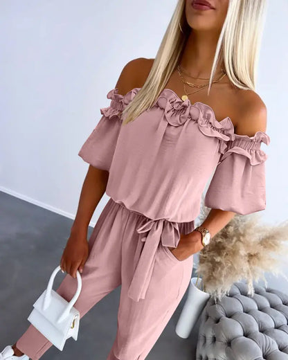 ✨Womens Off Shoulder Frill Hem Tied Detail Jumpsuit