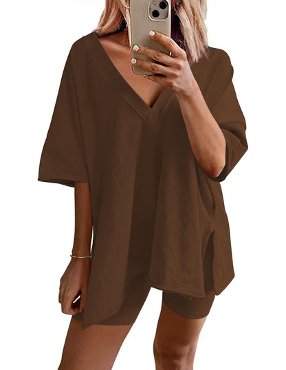 Womens Reversible Oversized V Neck T-Shirts Tops Biker Shorts Set