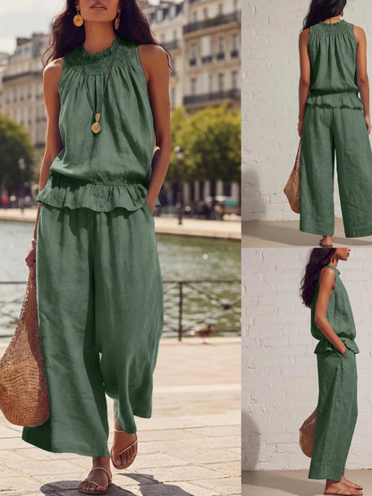 Women's 2 Piece Outfits Sleeveless Ruffle Top Wide Leg Pants Summer Loungewear
