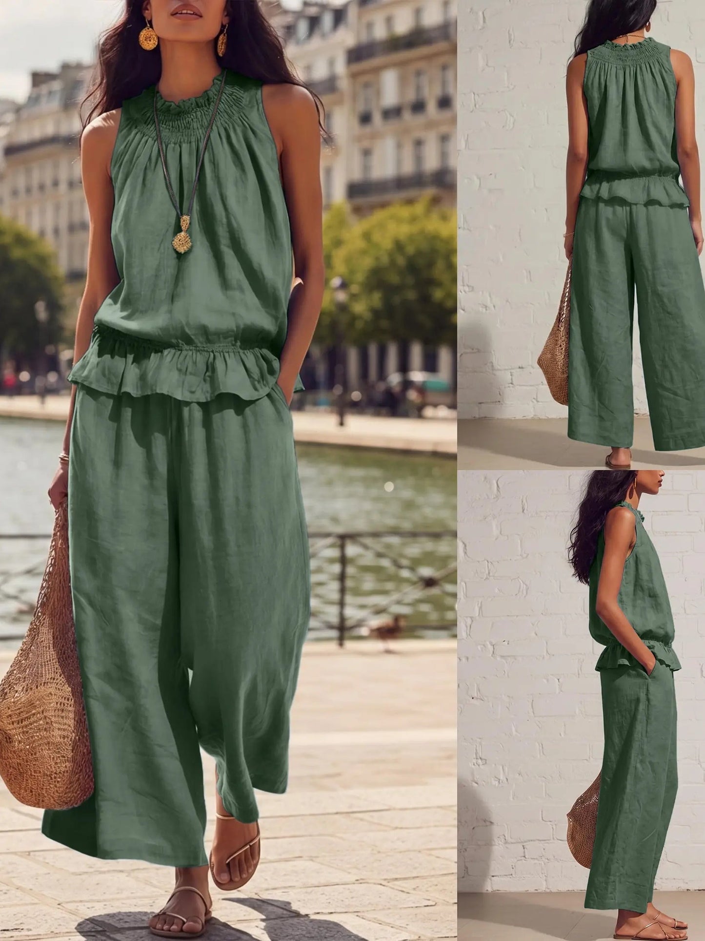 ⏰Hot Sale-Women's 2 Piece Outfits Sleeveless Ruffle Top Wide Leg Pants Summer Loungewear