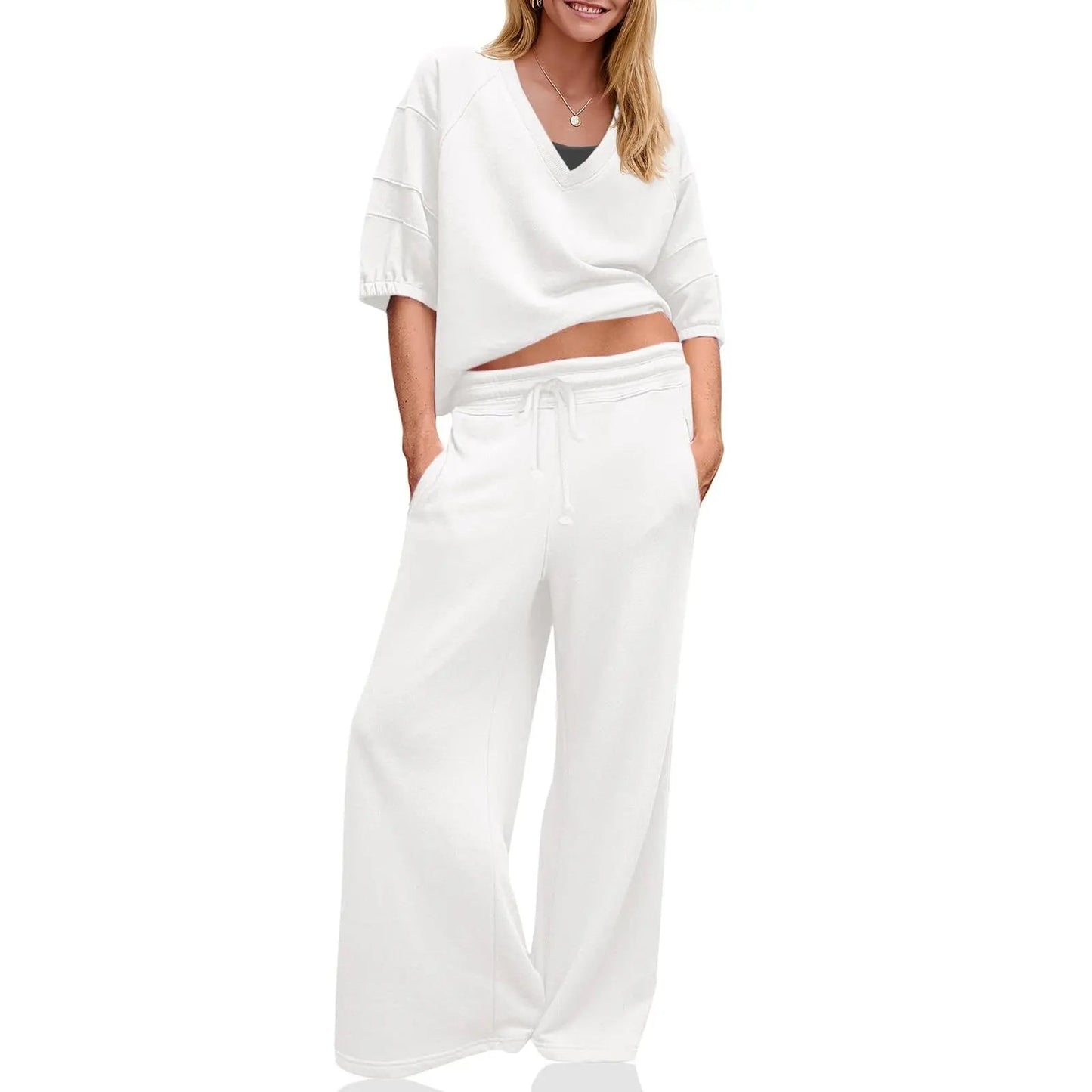 Womens 2 Piece Outfits Casual V Neck Shirts Wide Leg
