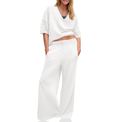 Womens 2 Piece Outfits Casual V Neck Shirts Wide Leg