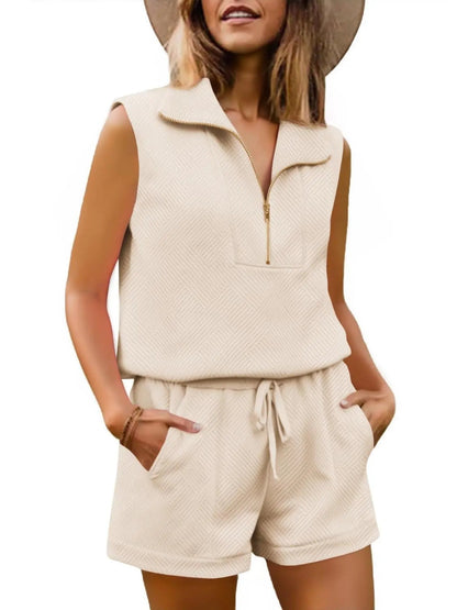 Womens 2 Piece Outfits Short Sets Half Zip Sleeveless Tops and Drawstring Shorts