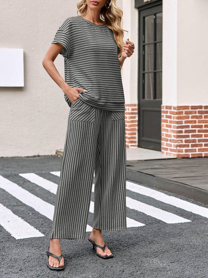⏰Hot Sale-Womens Striped 2 Piece Sets Short Sleeve T Shirts Wide Leg Pants with Pockets