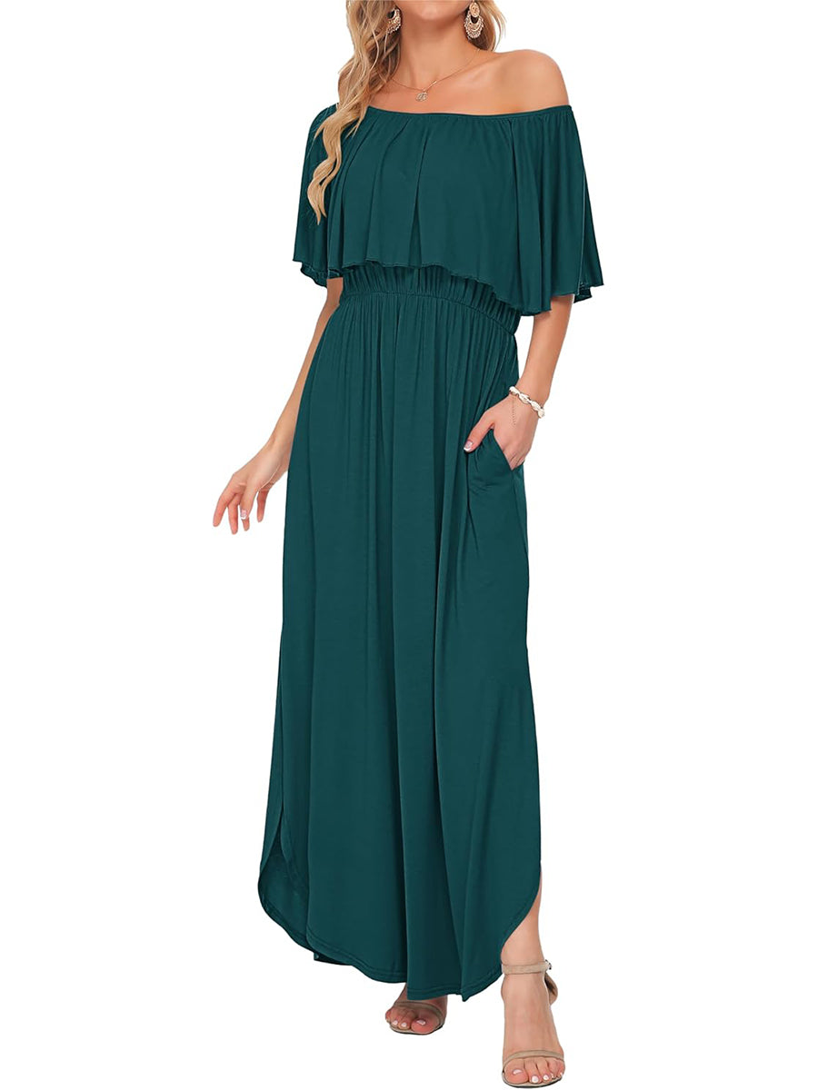 ⏰Hot Sale-Women's Off Shoulder Ruffle Short Sleeve Side Split Maxi Dresses with Pockets