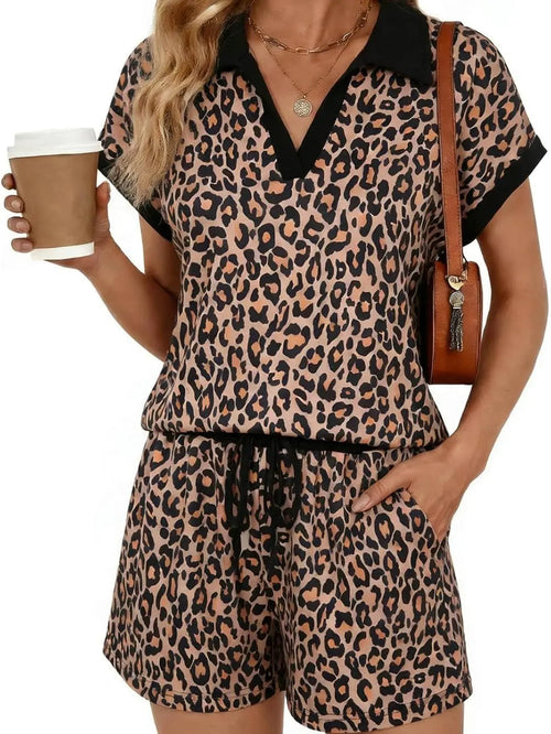 ⏰Hot Sale-Women Cap Sleeve V Neck Lapel Tops and Drawstring Shorts 2 Piece Sets