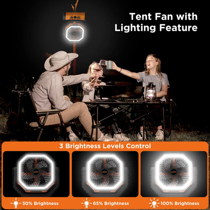 Rechargeable Camping Fan with LED Light & 360° Hanging Hook