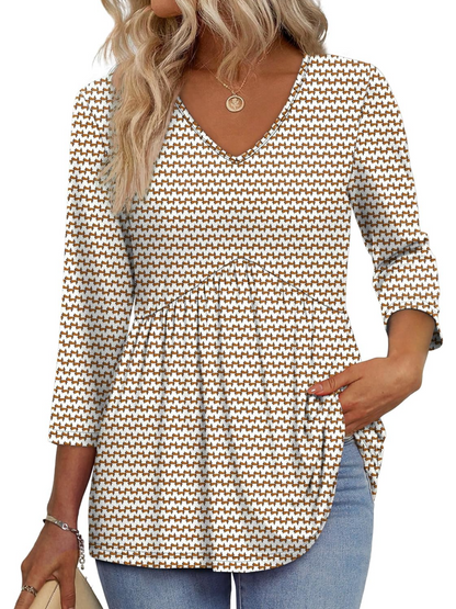 Women's V-Neck 3/4 Sleeve Ruffled hem Top