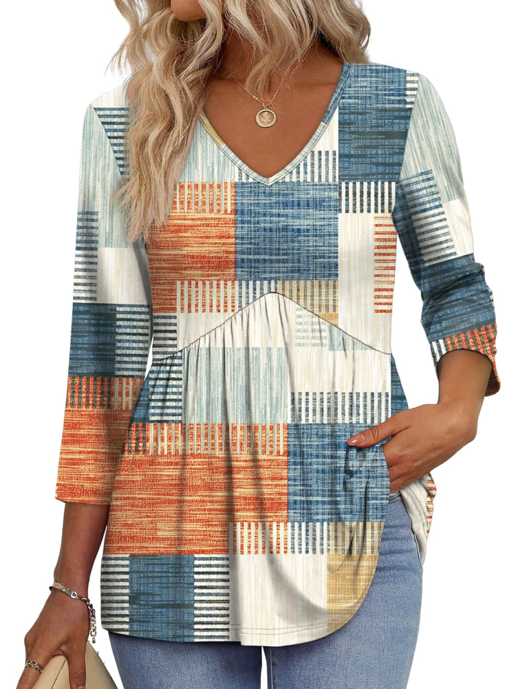 Women's V-Neck 3/4 Sleeve Ruffled hem Top