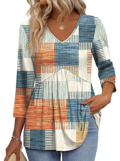 Women's V-Neck 3/4 Sleeve Ruffled hem Top