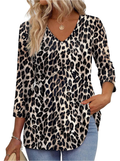 Women's V-Neck 3/4 Sleeve Ruffled hem Top