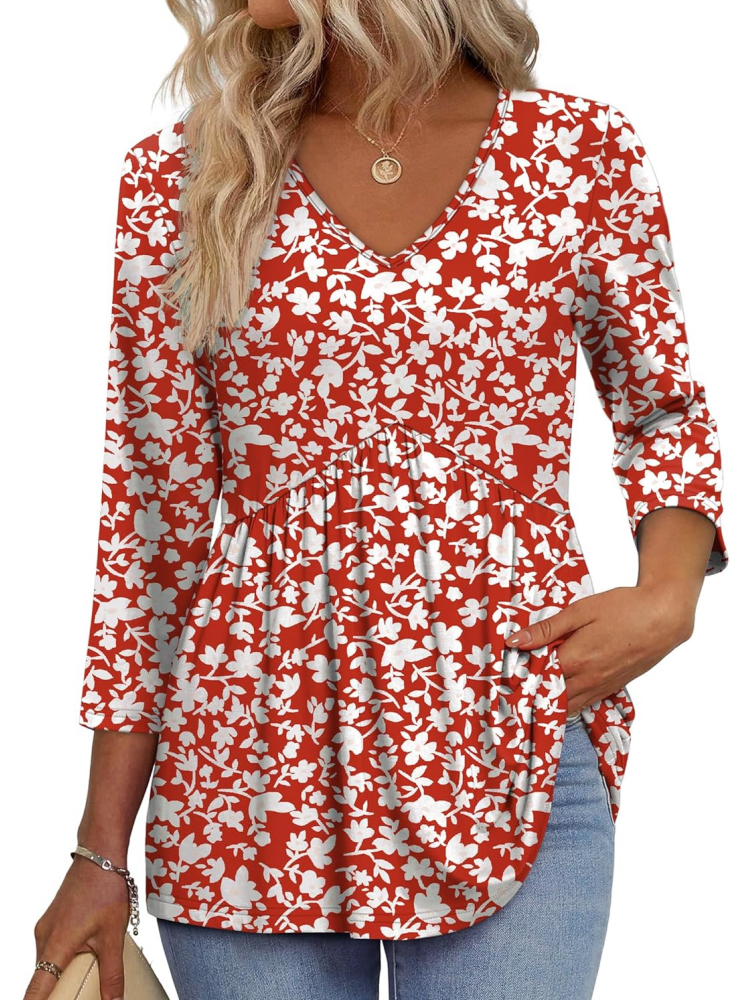 Limited time sale🔥Women's V-Neck 3/4 Sleeve Ruffled hem Top