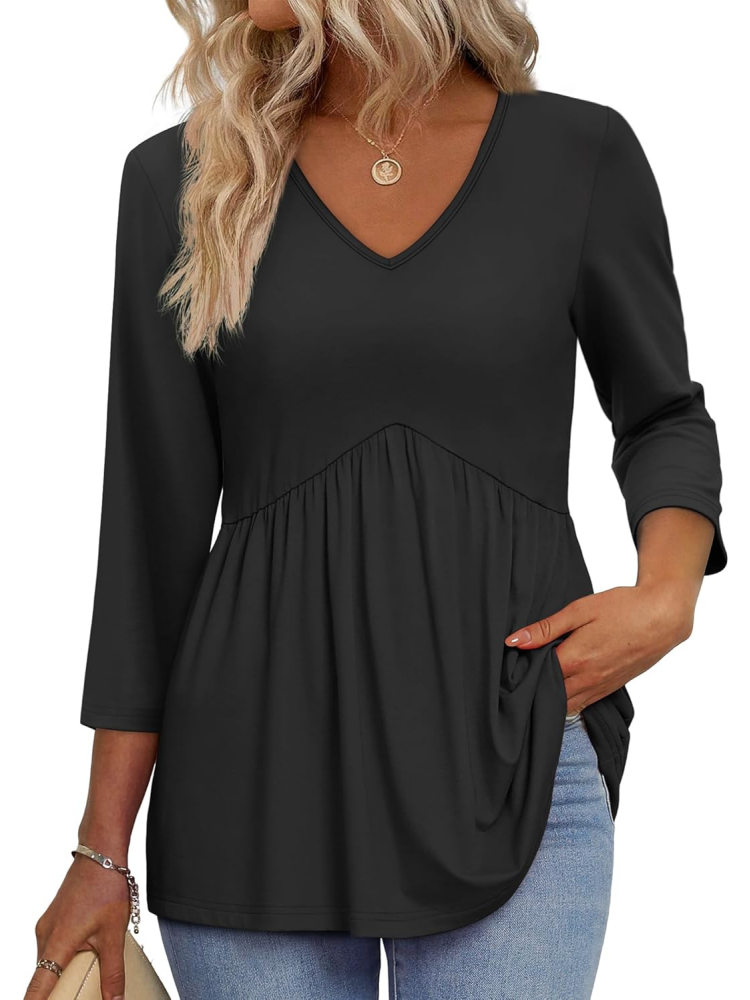 Women's V-Neck 3/4 Sleeve Ruffled hem Top