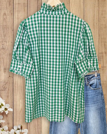 Women's Plaid Top Ruffles Trim Puff Sleeve Blouse