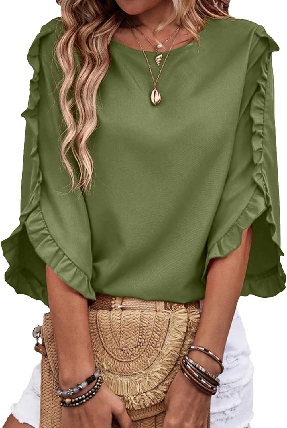 Limited time sale🔥Women's 3/4 Length Sleeve Blouses Crewneck Ruffle Sleeve Shirts