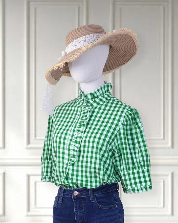 Women's Plaid Top Ruffles Trim Puff Sleeve Blouse