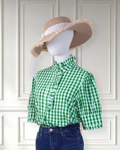 Women's Plaid Top Ruffles Trim Puff Sleeve Blouse