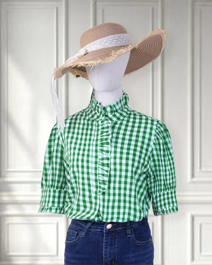 Women's Plaid Top Ruffles Trim Puff Sleeve Blouse