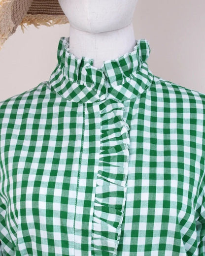 Women's Plaid Top Ruffles Trim Puff Sleeve Blouse
