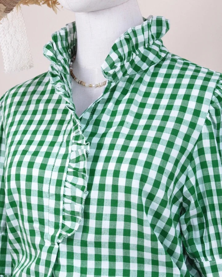 Women's Plaid Top Ruffles Trim Puff Sleeve Blouse