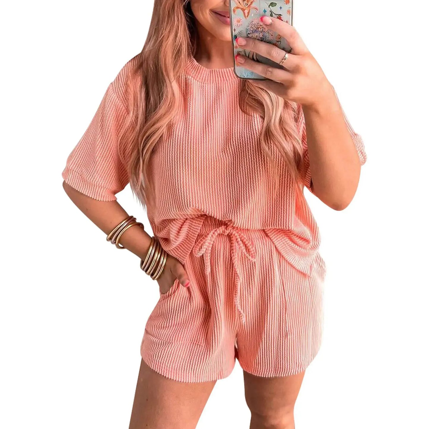Women's Ribbed Crew Neck Short-Sleeve Top and Shorts Two-Piece Set