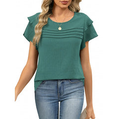 Women's Summer Ruffle Short Sleeve Crew Neck Pleated Front Tops