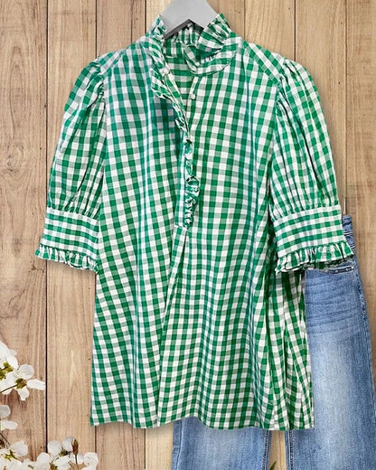 Women's Plaid Top Ruffles Trim Puff Sleeve Blouse
