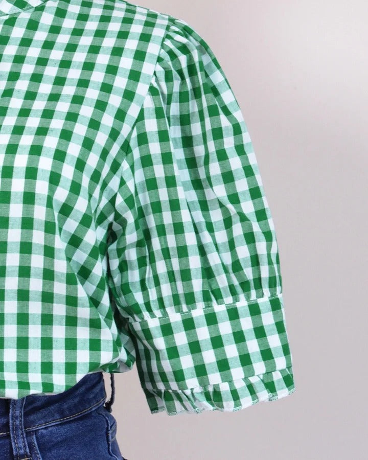 Women's Plaid Top Ruffles Trim Puff Sleeve Blouse