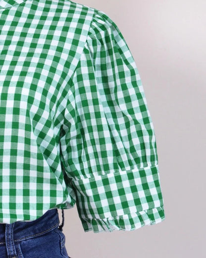 Women's Plaid Top Ruffles Trim Puff Sleeve Blouse