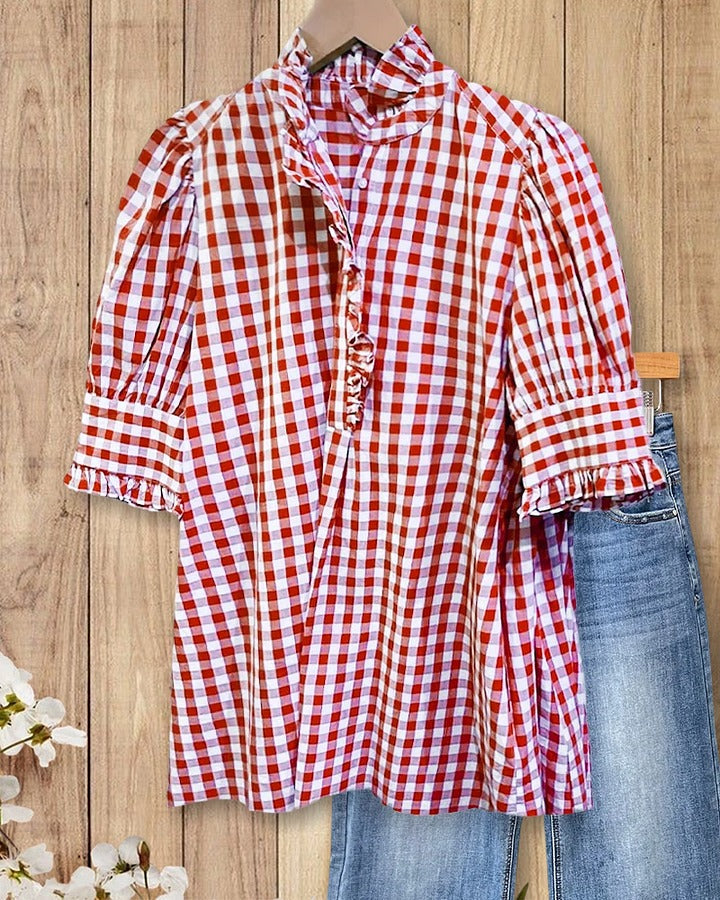 Women's Plaid Top Ruffles Trim Puff Sleeve Blouse