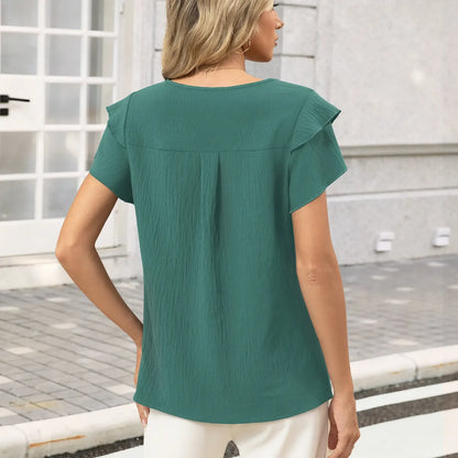 Women's Summer Ruffle Short Sleeve Crew Neck Pleated Front Tops