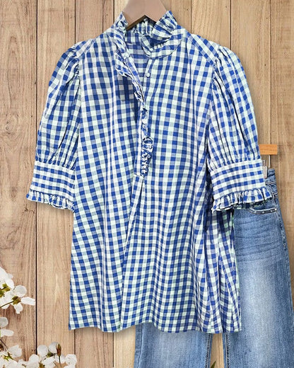 Women's Plaid Top Ruffles Trim Puff Sleeve Blouse