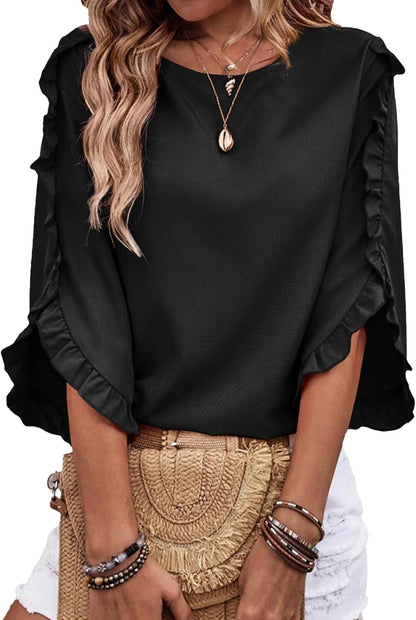 Women's 3/4 Length Sleeve Blouses Crewneck Ruffle Sleeve Shirts