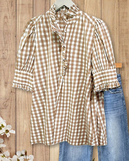 Women's Plaid Top Ruffles Trim Puff Sleeve Blouse
