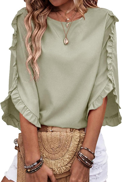 Limited time sale🔥Women's 3/4 Length Sleeve Blouses Crewneck Ruffle Sleeve Shirts